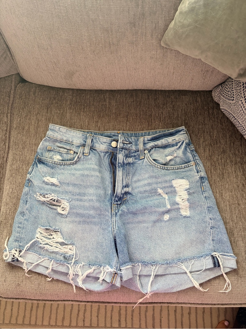 H&M--Rise Distressed Denim Women's Shorts - Light Blue